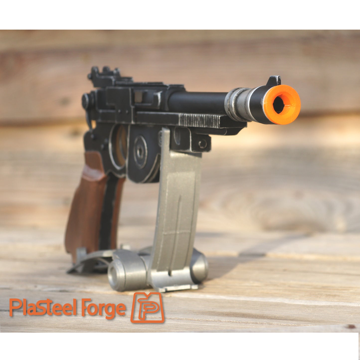 detail of front handmade inspired mandalorian blaster cosplay prop