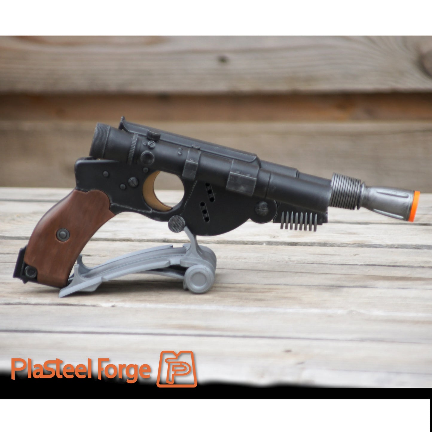 PAYDAY MMORPG blaster replica displayed on stand for collection or cosplay