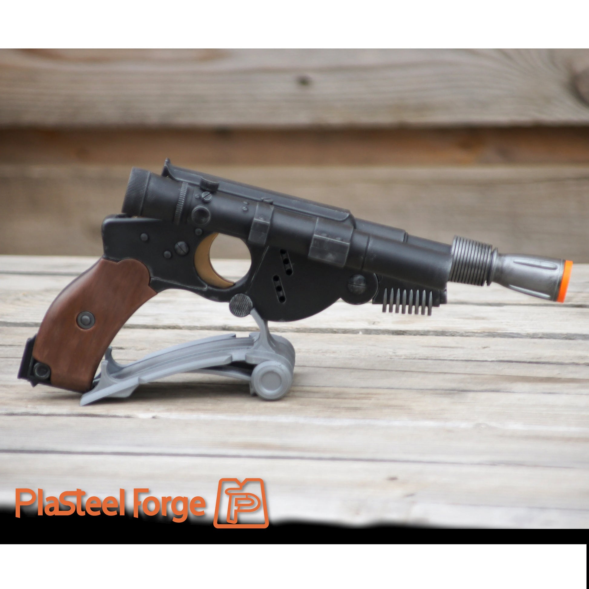 PAYDAY MMORPG blaster replica displayed on stand for collection or cosplay