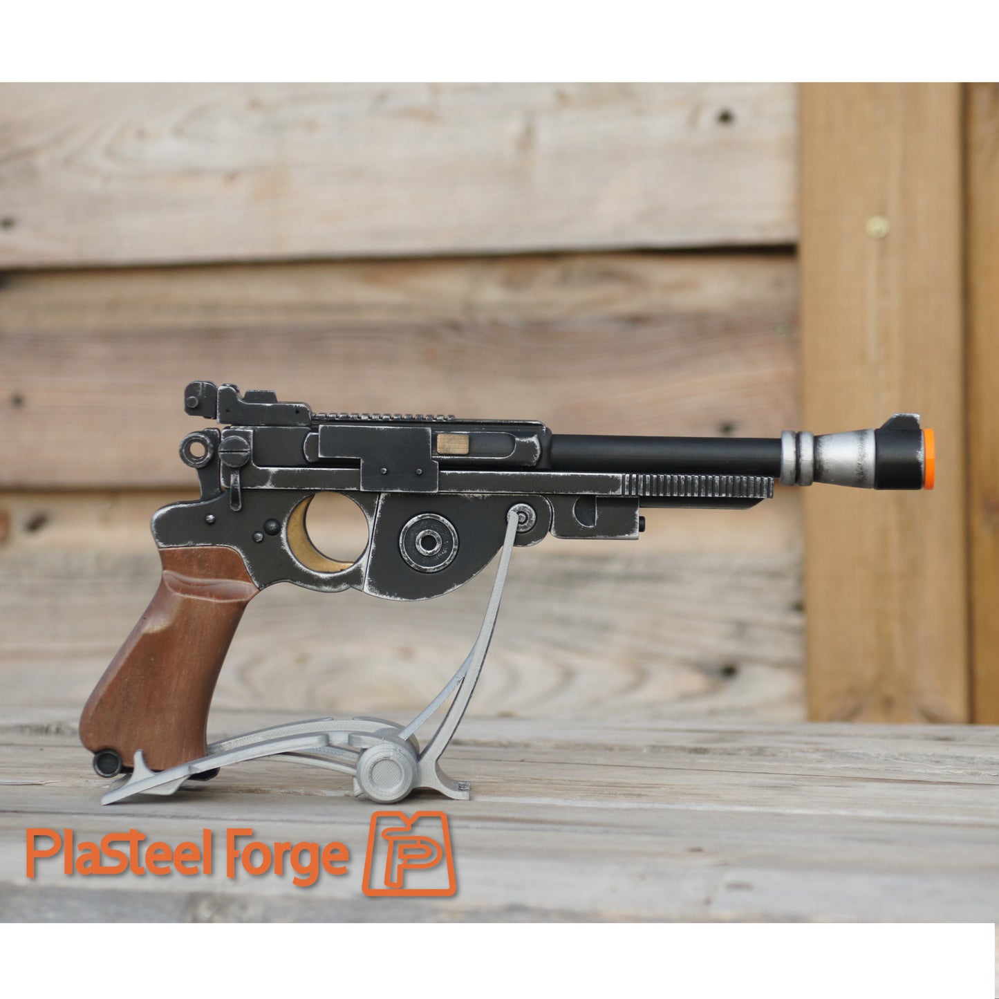 geek sci fi decorative blaster prop displayed on his stand