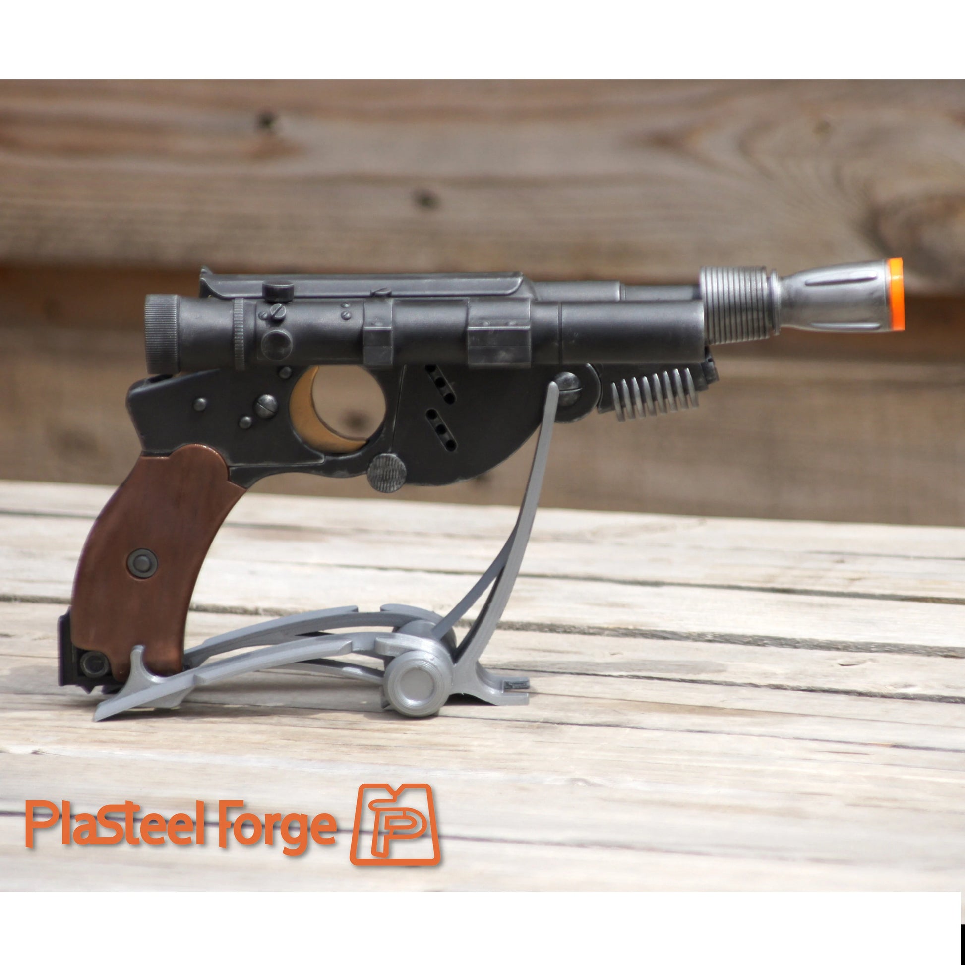 PAYDAY blaster replica inspired by SWTOR displayed on stand for collection or cosplay