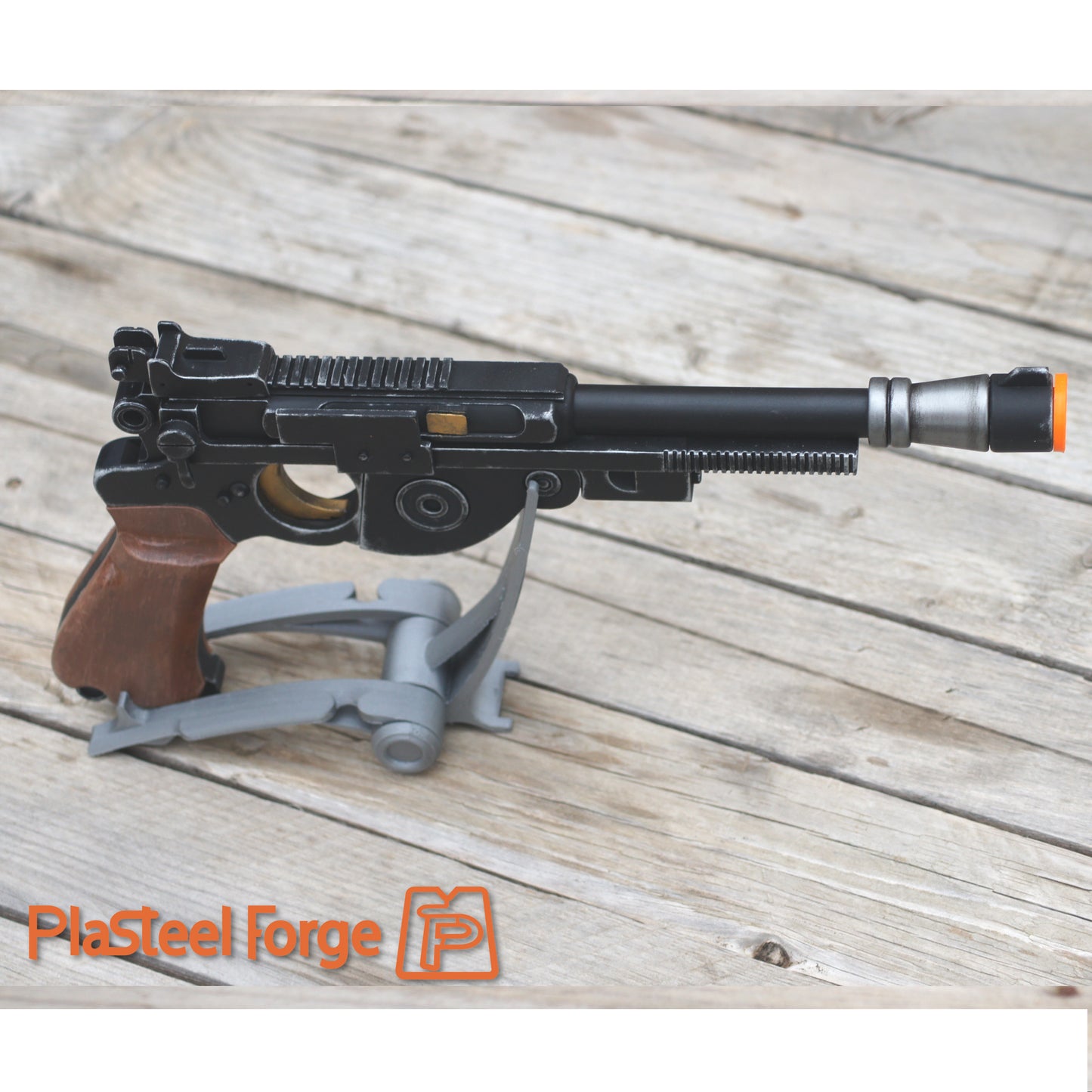 Top view of handmade mando blaster cosplay prop texture